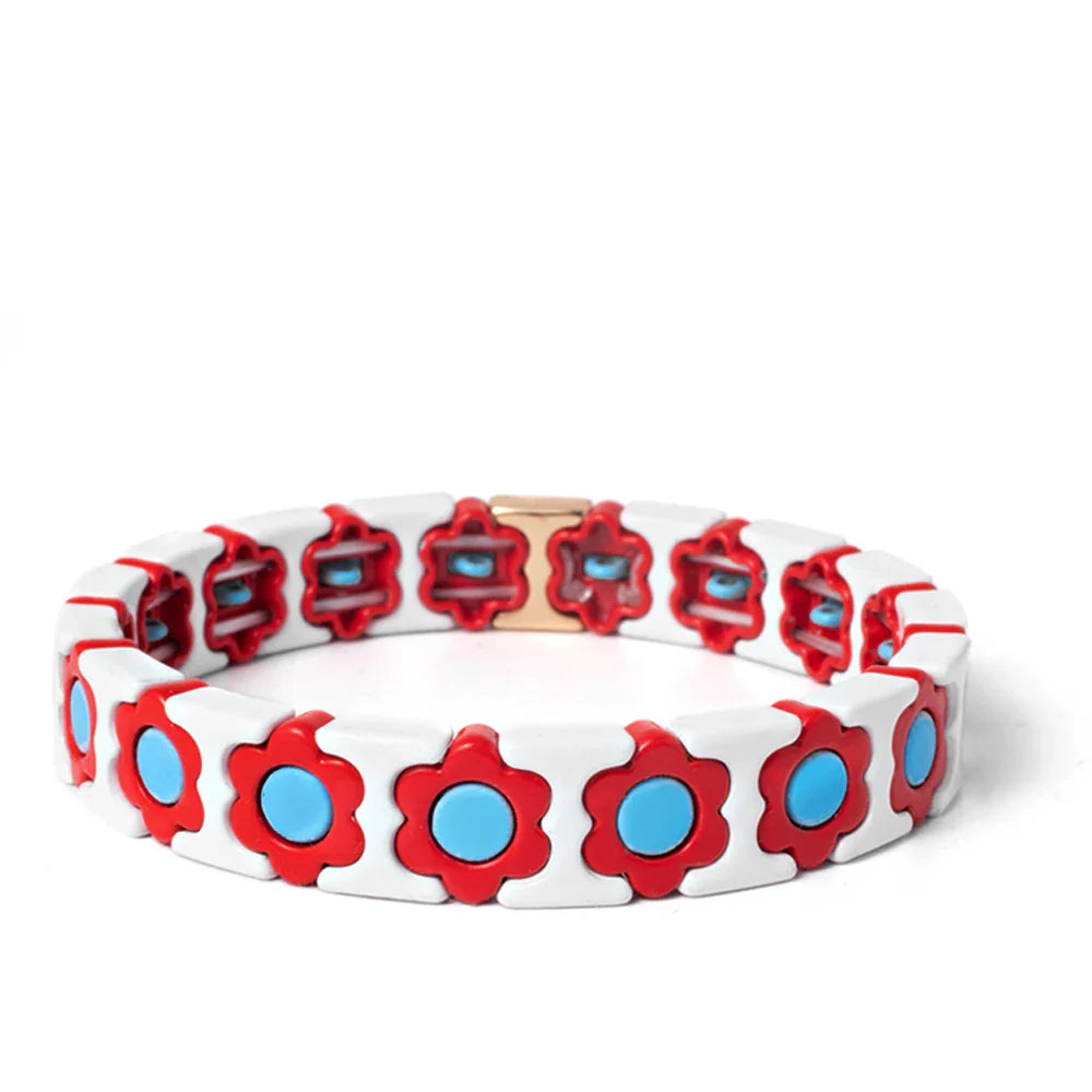 New Design Colorful Flower Charms Bangle For Women Handmade Bohemian Elastic Flower Bracelets Metal Beads Jewelry