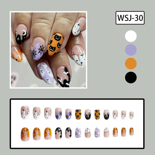 24pcs Cartoon Spider Bat Fake Nails Short Rounds False Nails for Women Girl Wearable