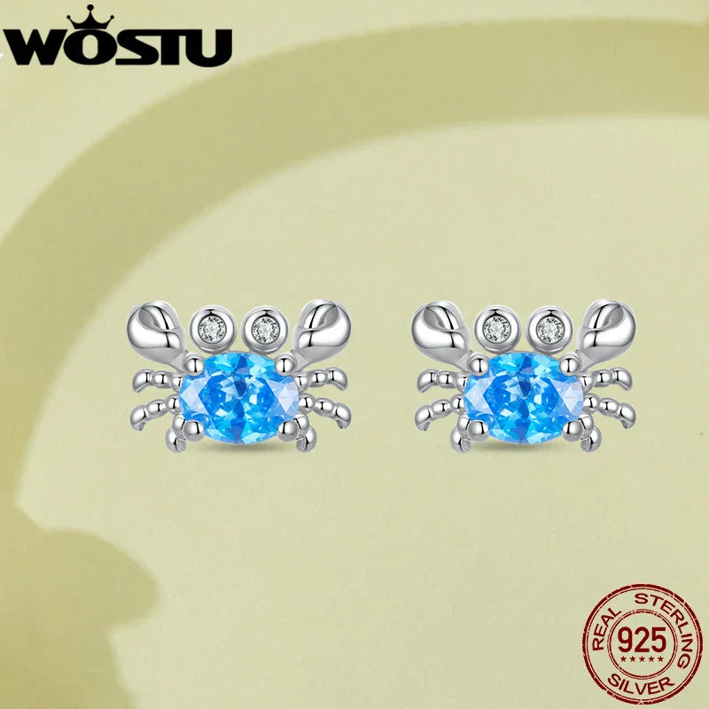 WOSTU 925 Sterling Silver Animals Cute Paws Rainbow Stud Earrings For Women Heart Oval Flower Zircon Crab Ear Studs Jewelry Gift