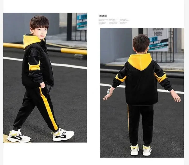 2023 winter Boys tracksuit Autumn Toddler Teenager Clothes vest velvet jacket + Sweatishrt hooded + Pant Children Kids 4 12 year