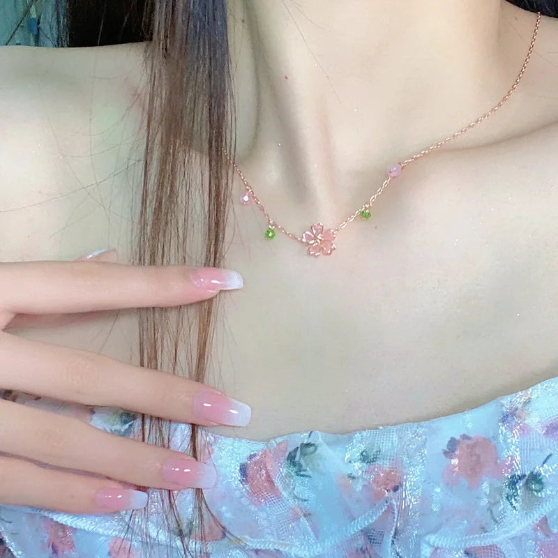 Romantic Cherry Blossoms Flower Necklace For Women Shiny Crystal Zircon Butterfly Flower Pearl Clavicle Chain Girl Party Jewelry
