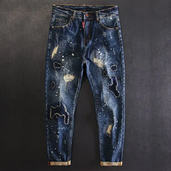 Jeans for Men Straight Cropped Trousers Graphic Motorcycle with Print Pockets Male