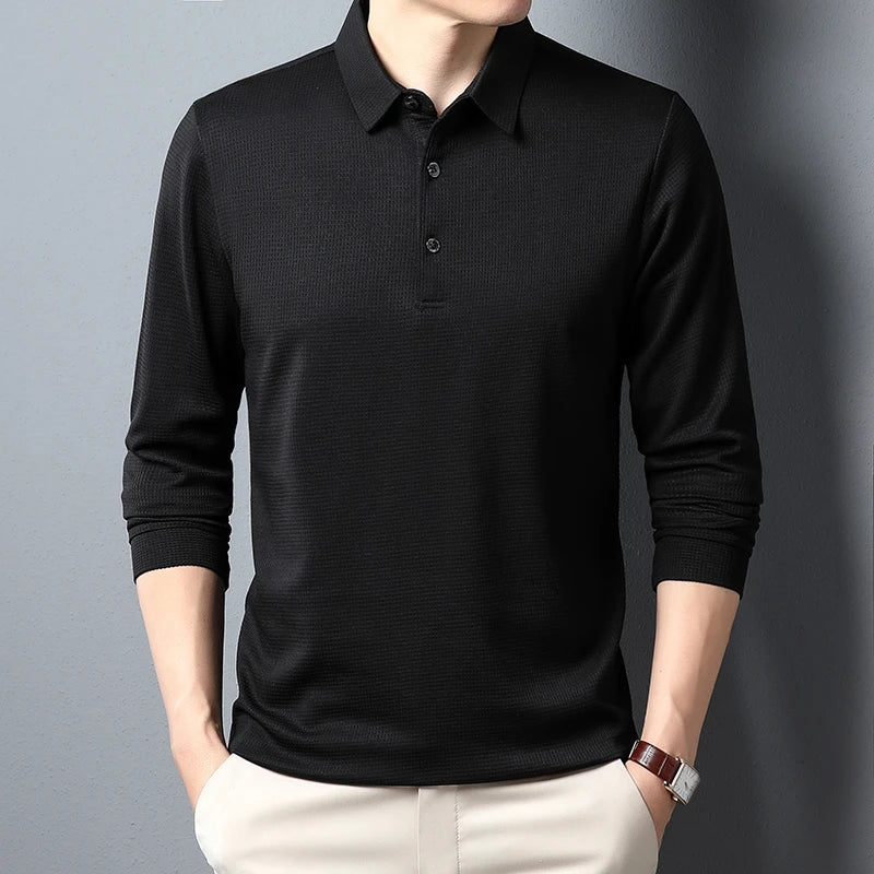 New Men's Business Fashion Casual Long Sleeved Shirt Solid Color Polo Shirt Fashionable Breathable Comfortable Versatile Top