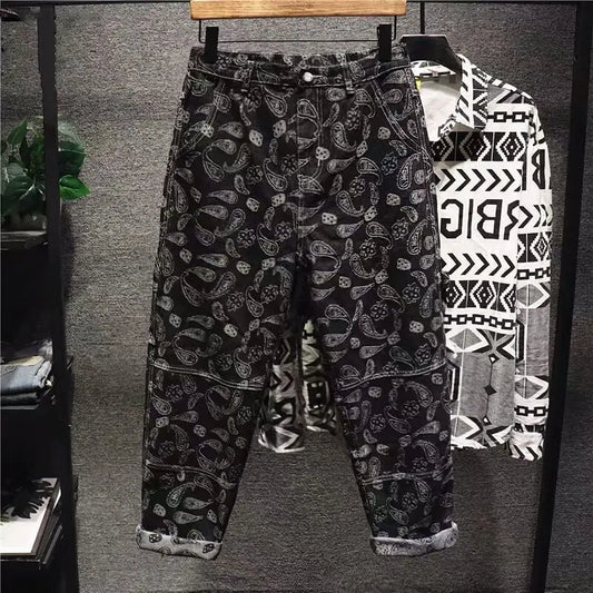 Man Cowboy Pants Black Men's Jeans Cropped Hip Hop Trousers Straight Grunge