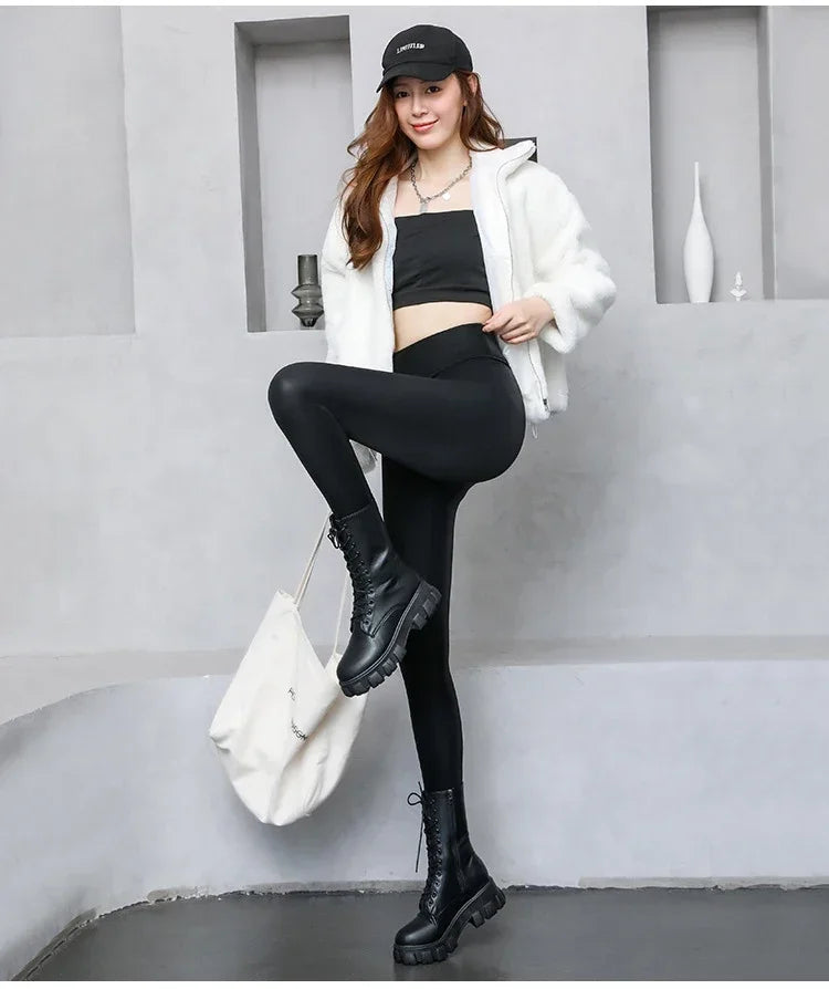 Women's Pants Velvet PU Leather Leggings Winter Ladies High Waist Fleece