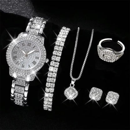 6PCS/SET Silver Women's Watch Business Leisure Element Watch Luxury Dial Quartz Watch Jewelry Set Gift For Her