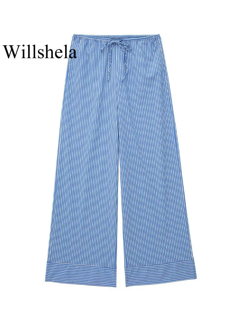 Women Fashion Striped Drawstring Lace Up Straight Pants Vintage Mid Elastic Trousers