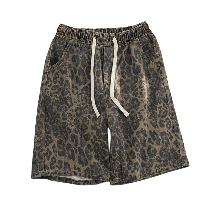 Men Leopard Denim Shorts Summer Thin American High Street Drawstring Casual Pants Loose Popular Versatile Handsome Trousers