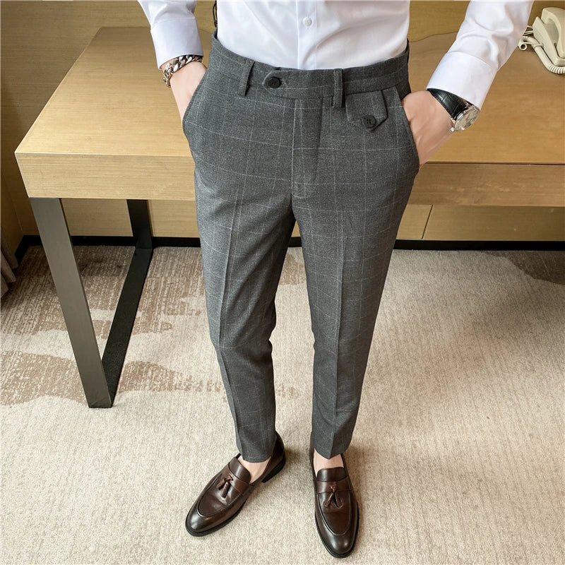 Fashion High Quality Men Suit Pants Straight Spring Autumn Long Male Plaid Classic