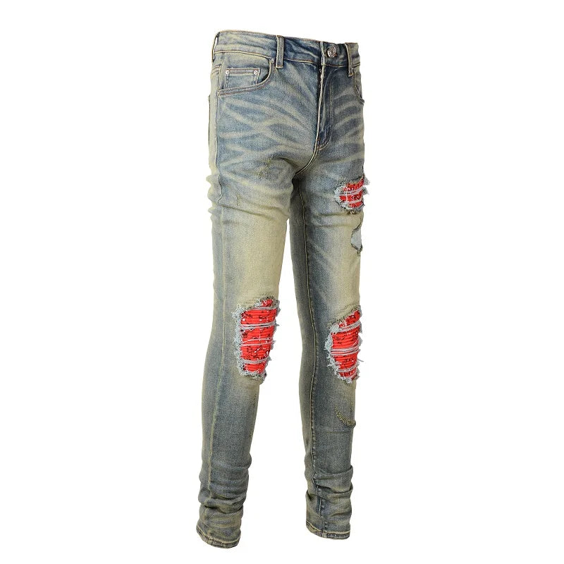 Men Cracked Patch Stretch Denim Jeans Streetwear Holes Ripped Distressed