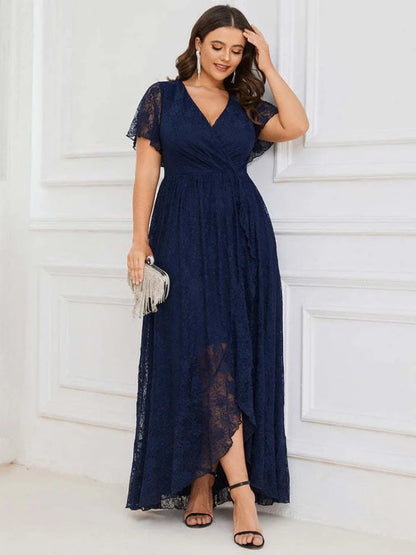 Plus Size Lace Party Dress Woman 2023 Summer V Neck Short Sleeve Ruffles Irregular Long Dress Wedding Guest Mother Dress