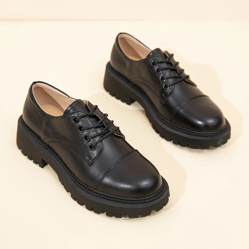 Women Loafers Shoes Genuine Leather Thick Heels Student Shoes Female