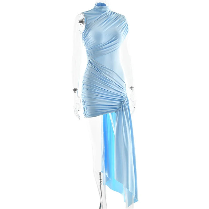 Balitops Summer Draped Ruched Sexy Mini Dress Women 2025 New Irregular High Waist Slim Fit Dress Female Elegant Club Tank Dress