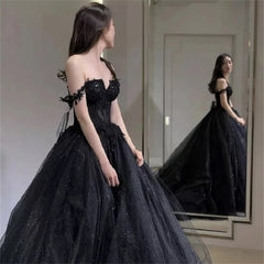 Black Prom Dresses Sweetheart Off The Shoulder A-Line Tulle Lace Applique Backless