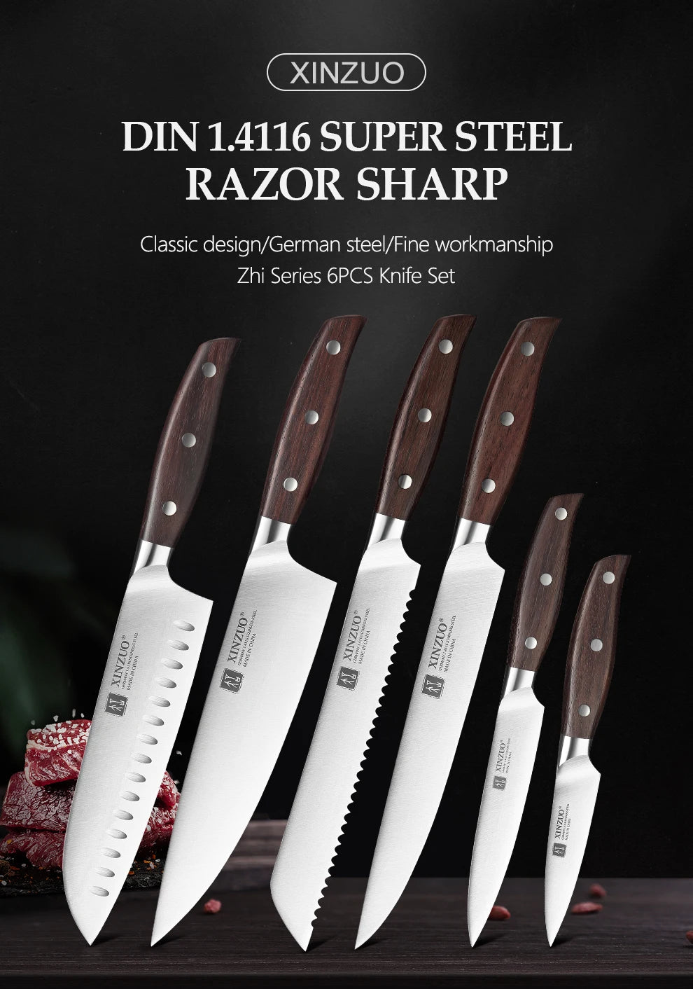 Kitchen Tools 6 PCS Kitchen Knife Set of Utility Cleaver Chef Bread Knife