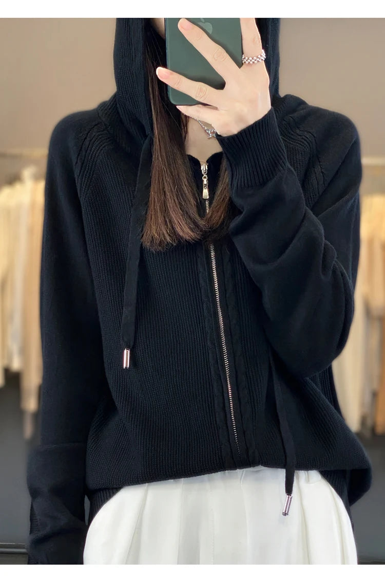 autumn and winter hooded cardigan women's knitted top loose sweater casual