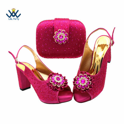 2022 Sweet  Special Design Women Crystal Style African Ladies Party Shoes Matching Bag in Magenta Color