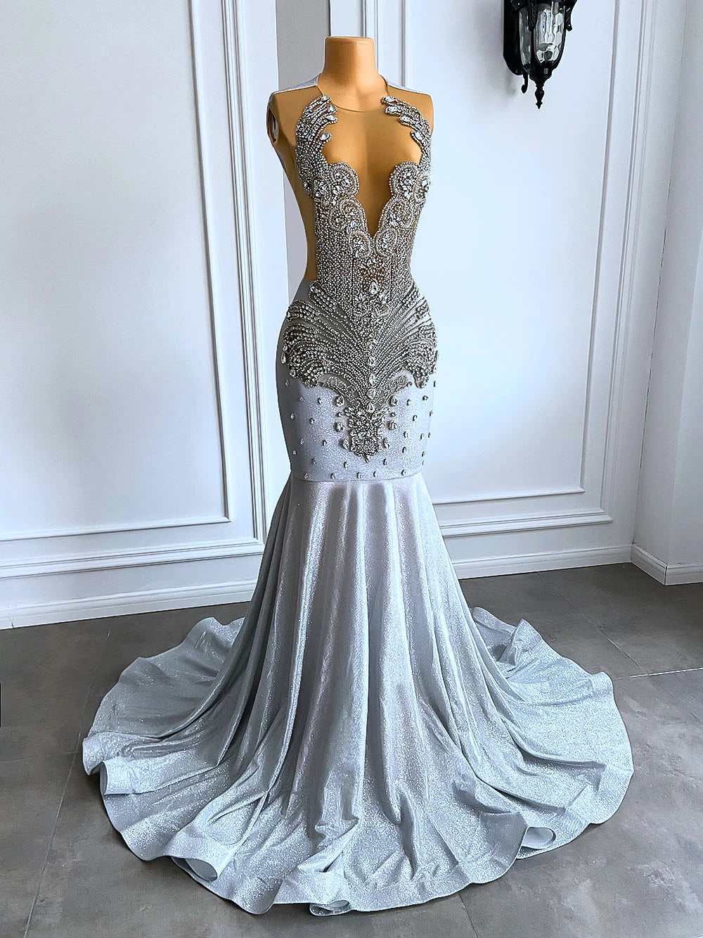 Homecoming Dresses: Women Silver Long Mermaid Prom Dresses Sheer Mesh