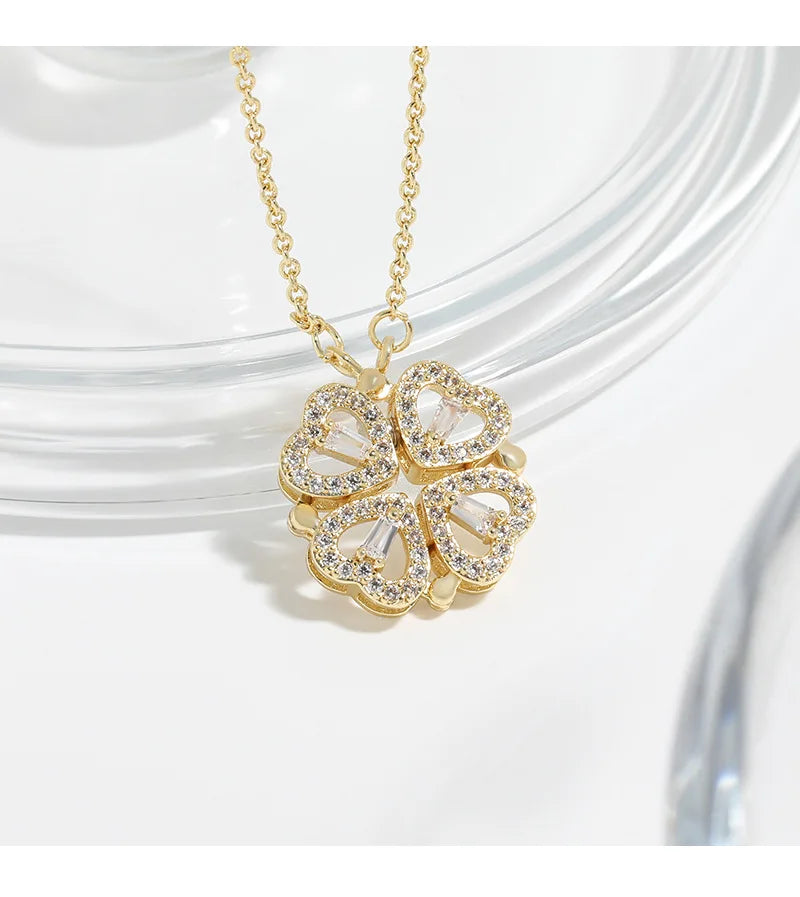 CARLIDANA Transform Luxury Four Leaf Clover Pendant Necklace  Stainless Steel Crystal Gold Color Heart Jewelry for Women Gift