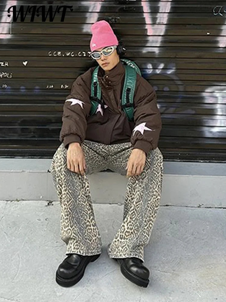 Y2K Women Leopard Print Jeans Trousers Fashion Casual Loose Wide Leg Pants