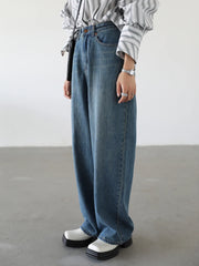 Women's Denim Pants Blue Wide Leg Jeans Cotton High Waist Casual Loose Trousers