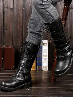 New 2023 Men Leather Motorcycle Boots Fashion Mid-Calf Punk Rock High Top Casual Boots Men Shoes Military Riding Boots Black
