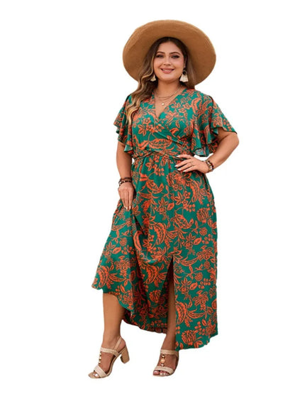 Plus Size Summer Flower Floral V-Neck Long Dress Women Split Loose Pleated Modis Ladies Dresses Short Sleeve Casual Woman Dress