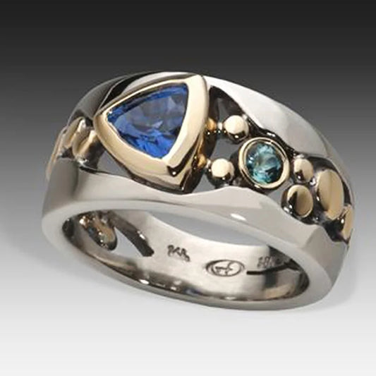 elegant women silver and gold color fashion ring Hollow Out Inlaid blue stone