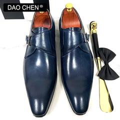 DAOCHEN MEN'S GENUINE LEATHER SHOES BLUE BLACK BUCKLE STRAP LOAFERS