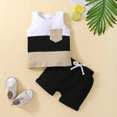 Infant Baby Boys Short Sets Patchwork Sleeveless Vest Tops with Pocket + Shorts 2pcs Summer Outfits for Toddler 6-36M