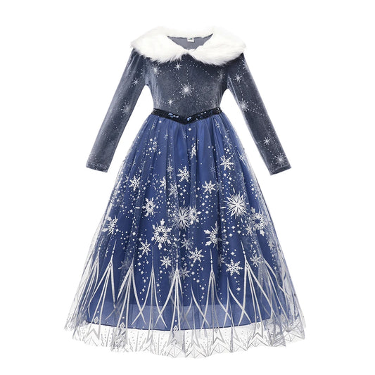 Autumn Winter Princess Dress Disney Frozen Elsa Costume Velvet Top With Fur Collar