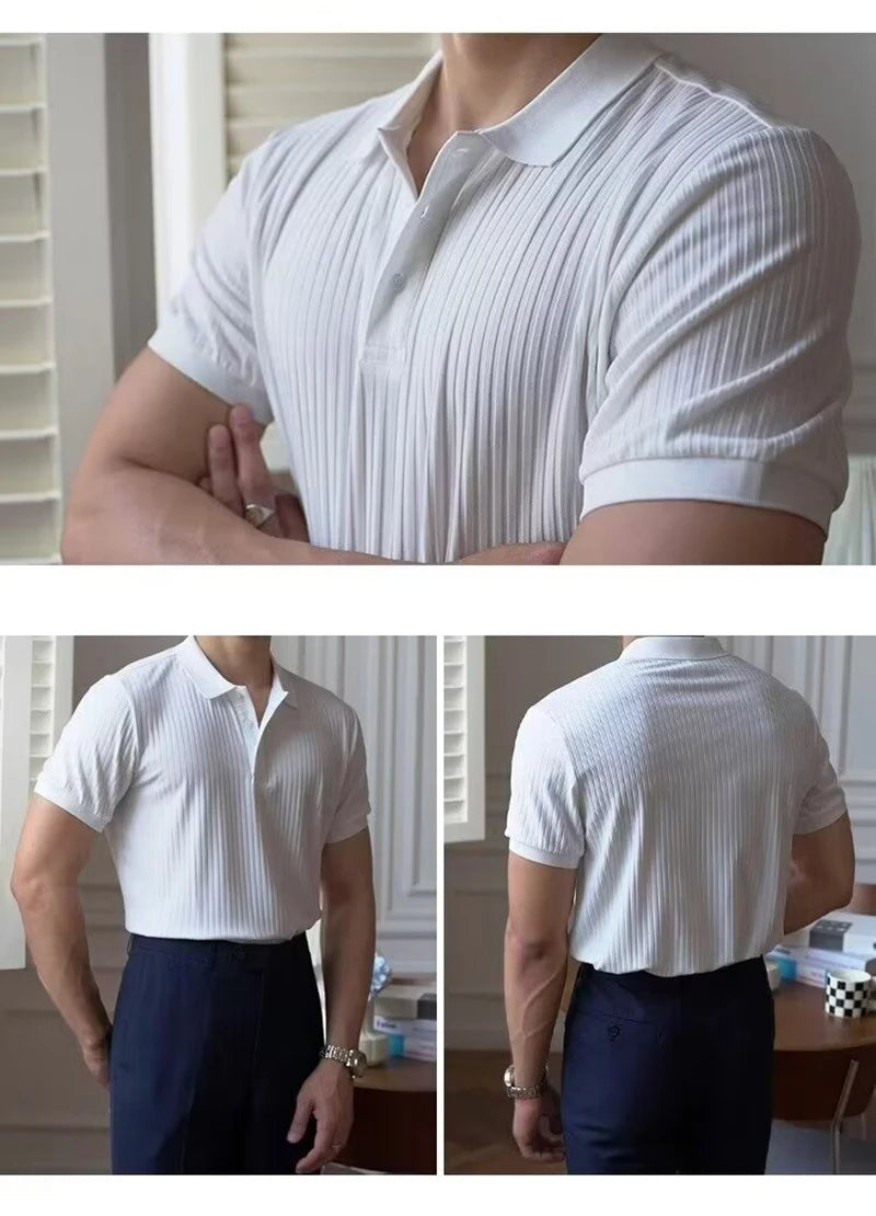 Vertical Stripe Knit Polo Men's Shirts Summer New Slim Solid Color Breathable Turn-Down Collar Business Short Sleeve Polo Tops