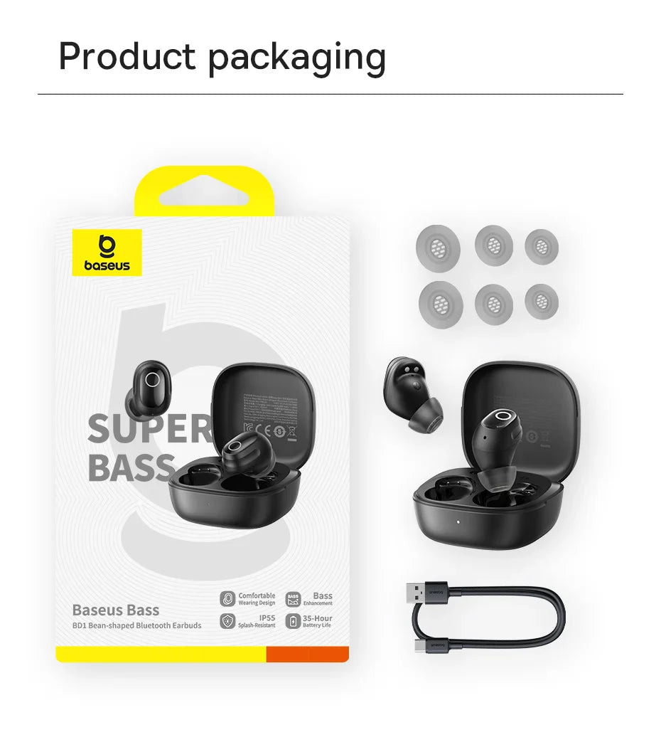 Baseus Bass BD1 Wireless Earphones Bluetooth 5.4 Mini Bean Earbuds 38H Playtime IP55 Waterproof Sports Headphones