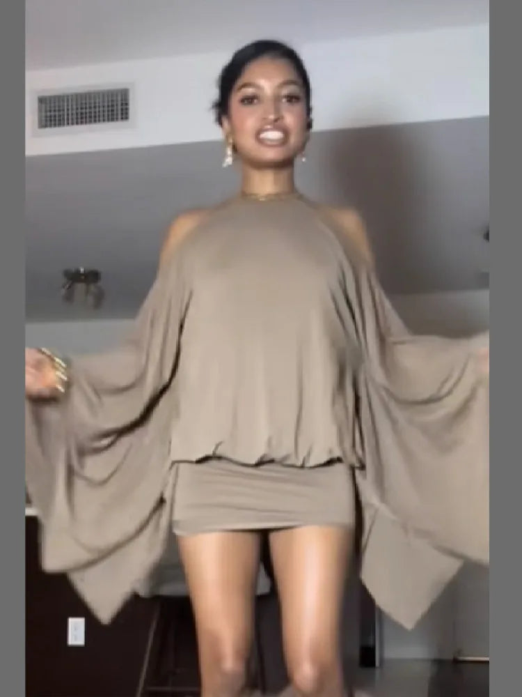 Sexy Gold Chain Decoration Back Hollow Dress Elegant Lantern Sleeve O-neck Mini Robe New Trendy Music Festival Party Outfits