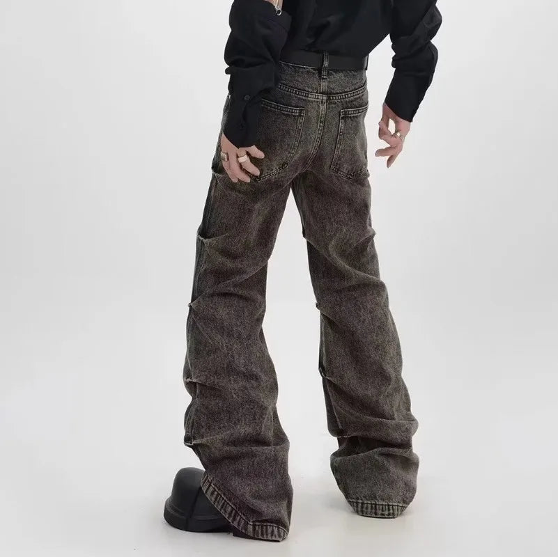Vintage Pleated Design Jeans Men Women Grey Distressed Wide Leg Pants