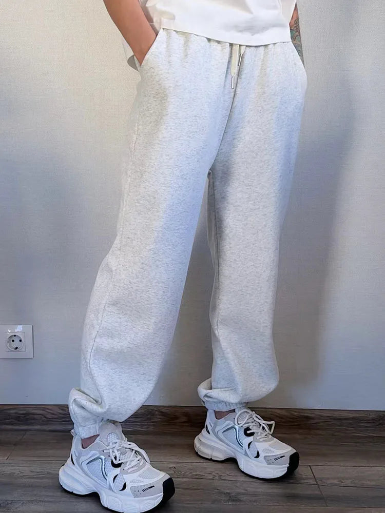 Sweatpants Women Winter Straight Leg Fleece Pants Elastic Waist Gray Velvet Trousers