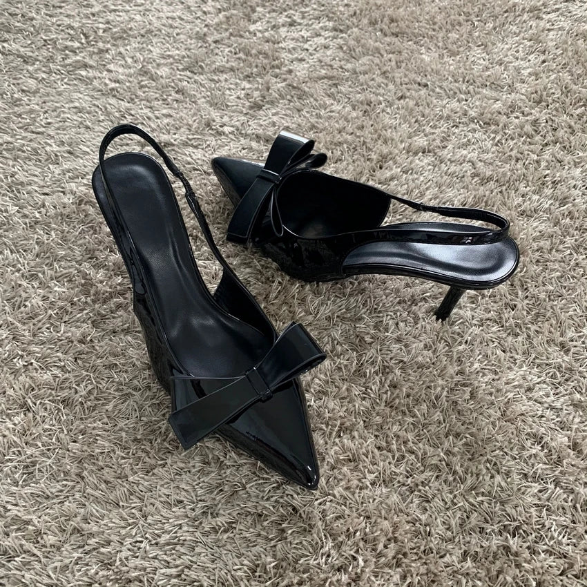 Women Black Bow High Heels Slingback Pointed toe Heeled for Women Pumps