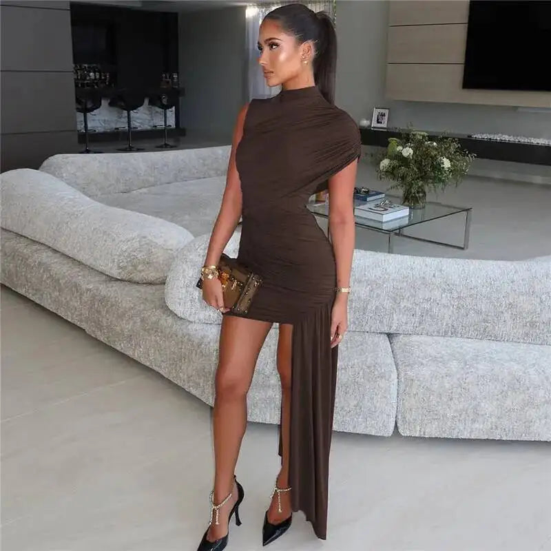 Balitops Summer Draped Ruched Sexy Mini Dress Women 2025 New Irregular High Waist Slim Fit Dress Female Elegant Club Tank Dress