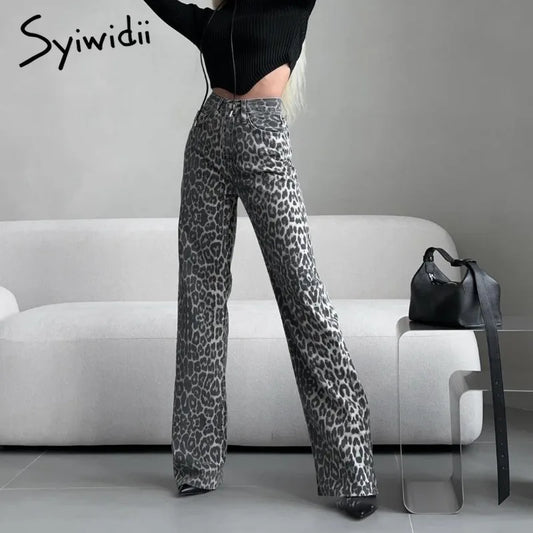 Straight Leopard Print Jeans for Women Elegant Ladies Gray Denim Pants