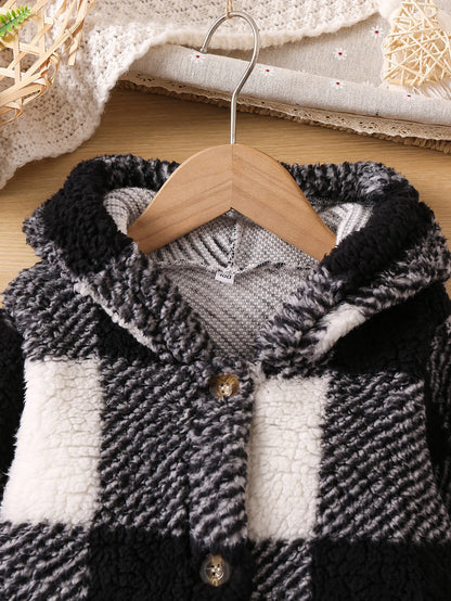 Girls' autumn and winter fashion plush bubble check thick long hooded coat