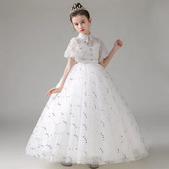 Child Girls Evening White Dress for Wedding Elegant Party Formal Sequin Long Dresses Puff Sleeve Birthday Frock Ball Gown