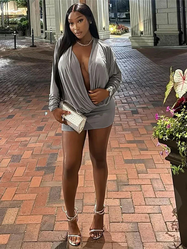 Nibber Cross Deep V-Neck Dress Women Full Sleeve Stretch Solid Midnight Street Clubwear Party Autumn Trend Elegant Mini Bodycon