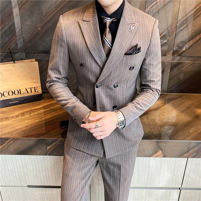 ( Blazer + Vest + Pants ) Fashion Striped Formal Business Double-breasted Men's Casual Suit Groom's Wedding Dress Party Tuxedo