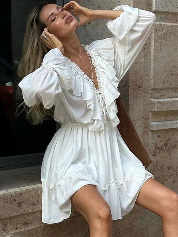 Talenza White Ruffle Bandage Mini Dress Women's Elegant Patchwork Long Sleeve Dress New Slim V Neck Lace Up Summer Mini Dress