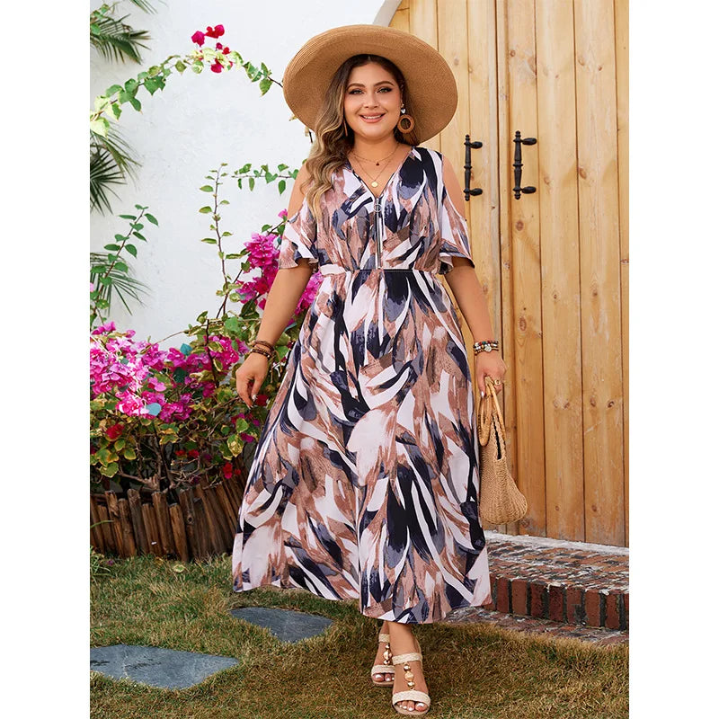 Plus Size Cold Shoulder Zipper V-Necked Women Dresses Short Sleeves A-Line Bohemia Long Robe Casual Loose Vacation Clothing