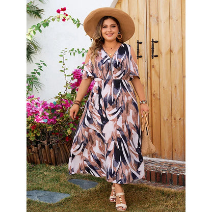 Plus Size Cold Shoulder Zipper V-Necked Women Dresses Short Sleeves A-Line Bohemia Long Robe Casual Loose Vacation Clothing