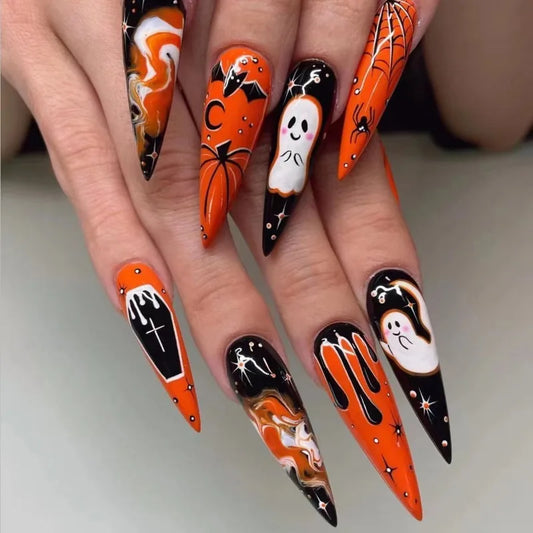 24pcs Halloween Spooky Stickers Cobweb Spooky Stick-on Nails Press on Decorated