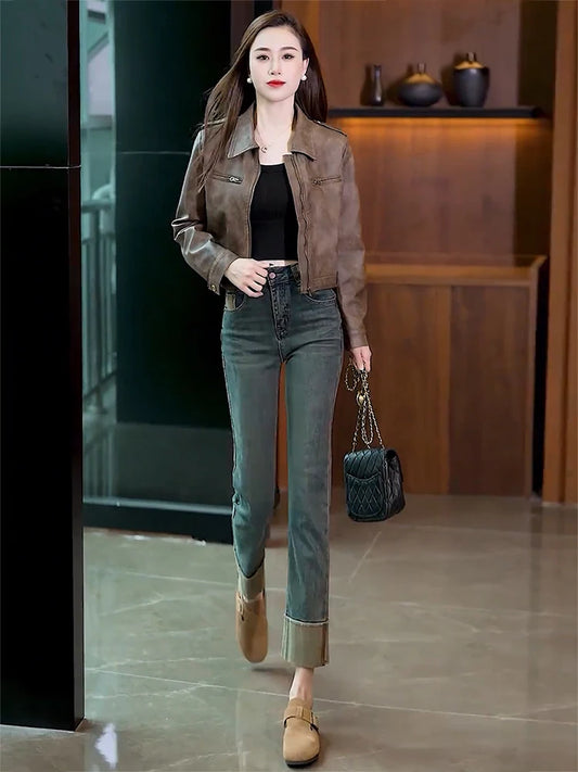 Y2k Jeans Plus-size Rolled Straight Leg Women's Jeans High Waist Slim With Stretch  Pants