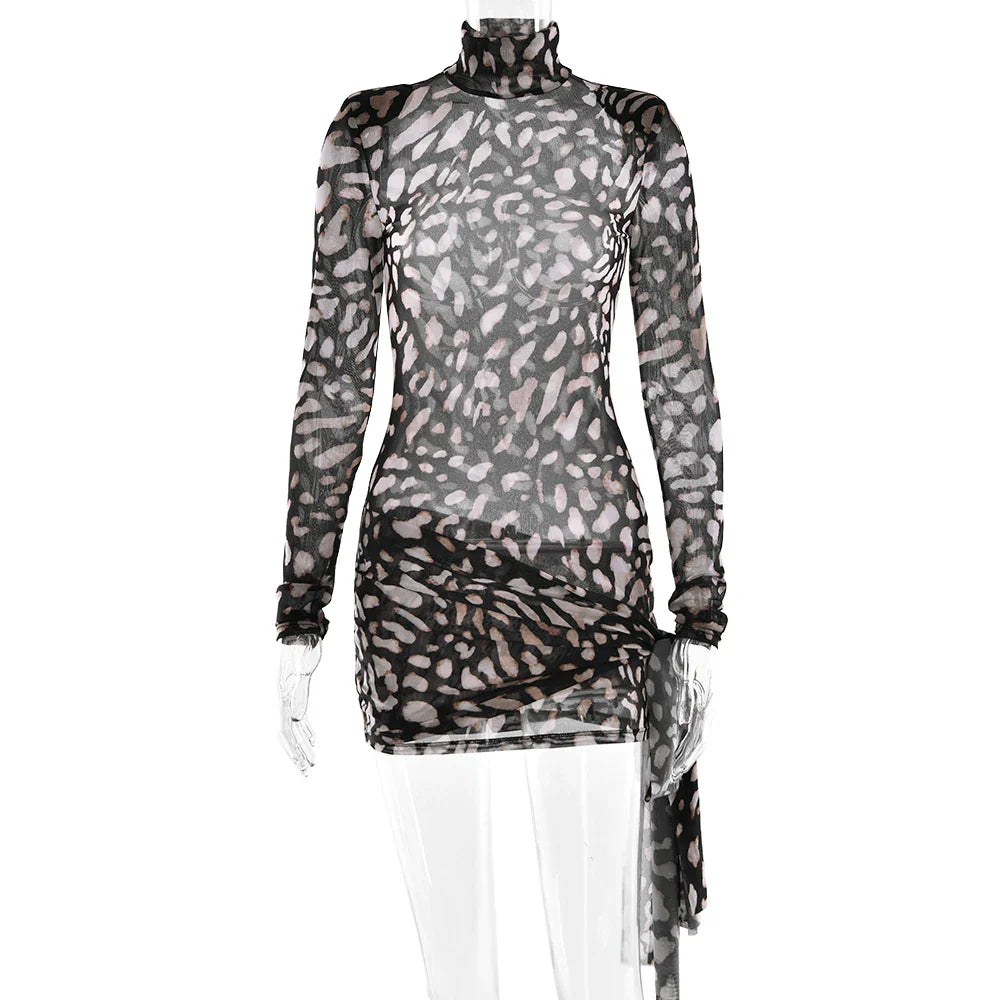 Fantoye Turtleneck Sexy Sheer Print Leopard Bandage Women Dress Long Sleeve Mini Dress Lady Spring Slim Elegant Party Club Dress