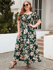 GIBSIE Plus Size Square Neck Floral Print Puff Sleeve Dress Women Summer